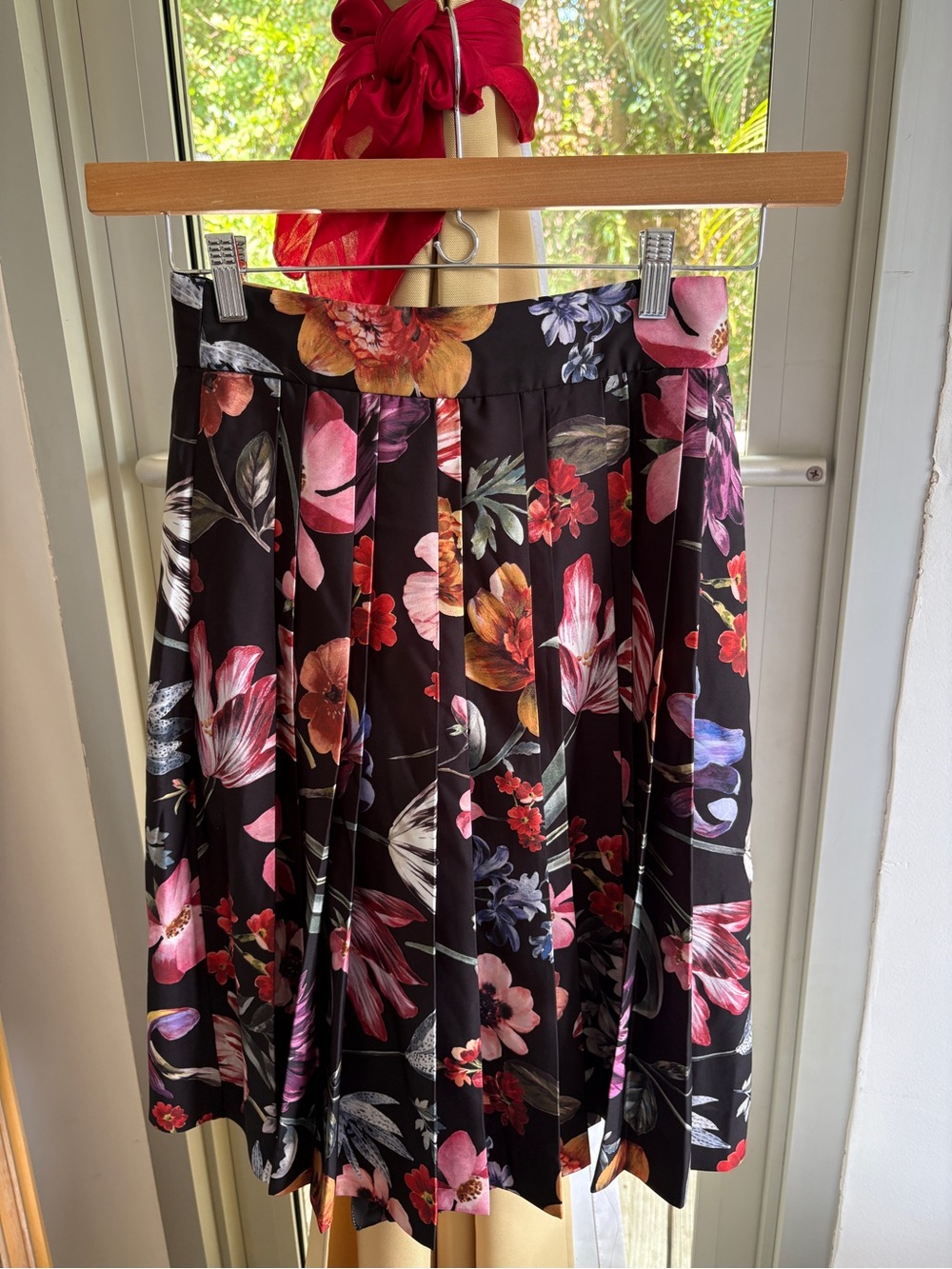 J. Crew Black Floral Circle Skirt with Pink and Orange Blooms